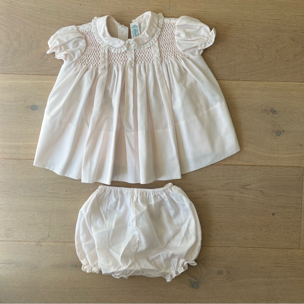 Pink Dress Smocked Heirloom Feltman Brothers Vintage Lace Collar 0-3 months